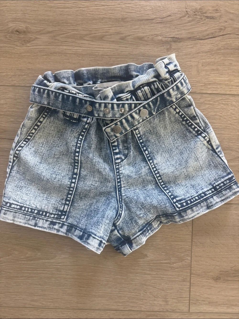 Habitual Girls Blue Acid Wash Paperbag Waist Shorts with Belt